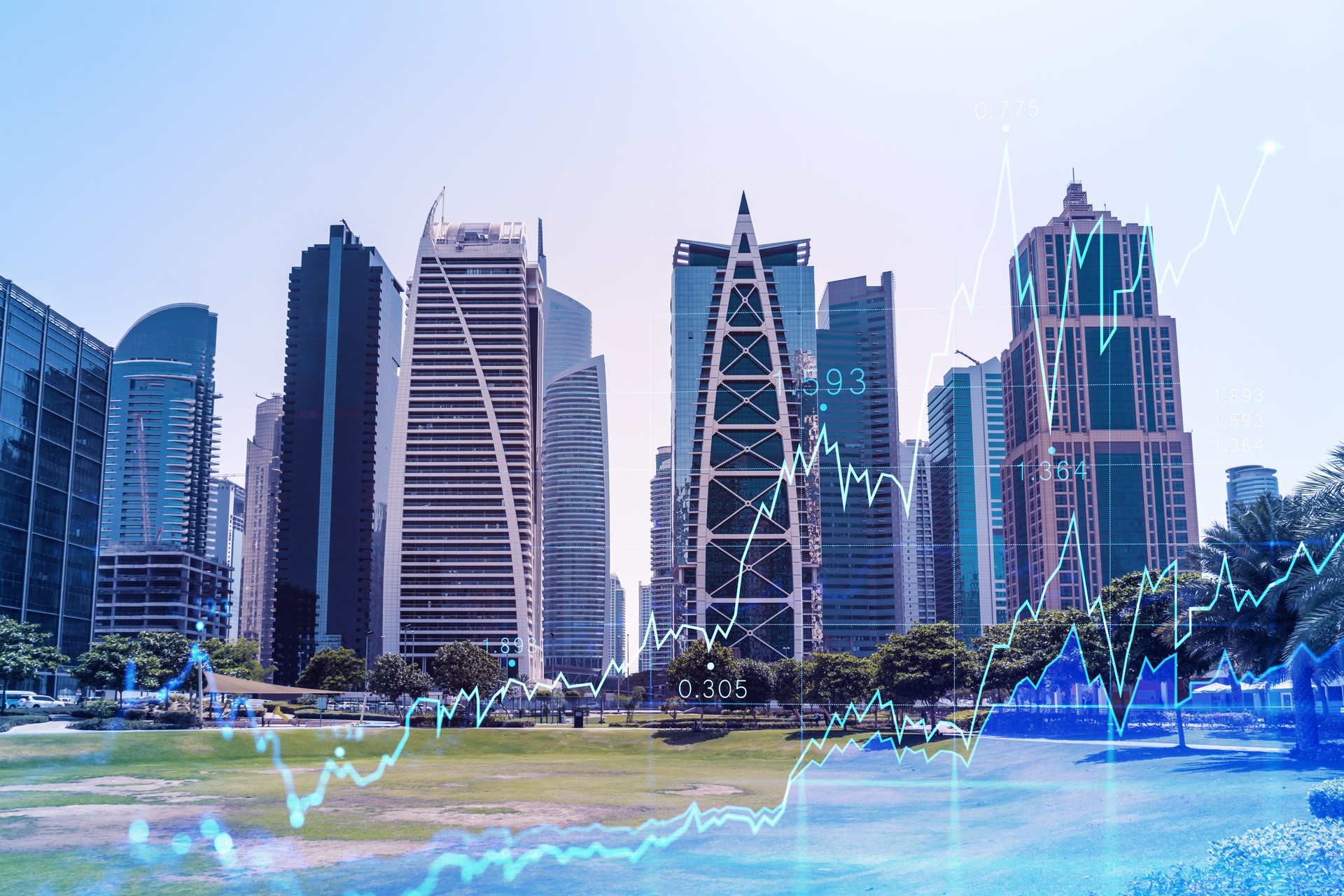 Panoramic view of steel and glass skyscrapers of Dubai Marina. Modern cityscape of the capital of the UAE. Financial services hub. FOREX graph and chart concept. Double exposure.